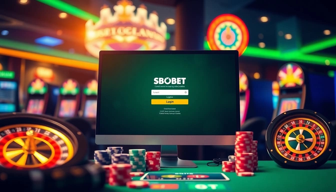 SBOBET login interface surrounded by vibrant casino elements, enhancing online gambling excitement.