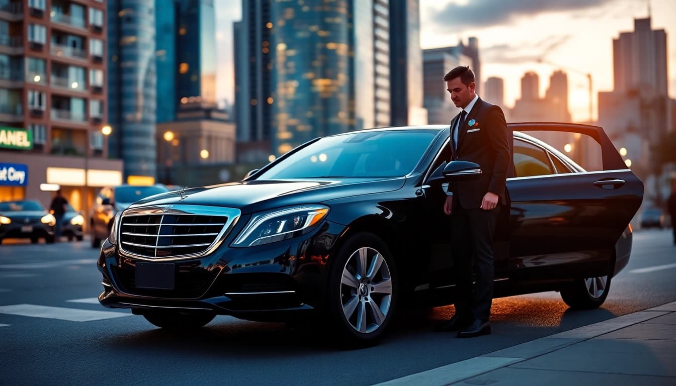 Engaging chauffeur services near me with a professional chauffeur welcoming a client in a bustling city setting.
