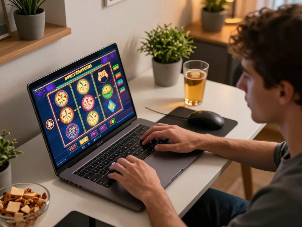 Bermain slot online dengan paris888 di laptop dalam pengaturan rumah yang nyaman