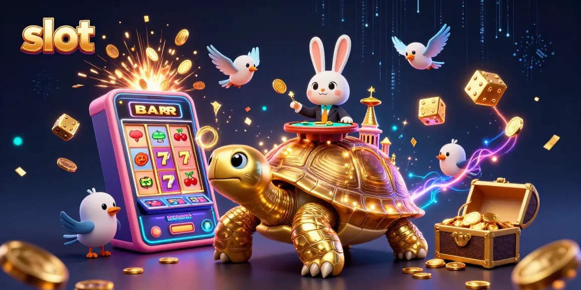 Spin the slot with a golden tortoise casino and glowing slot machine bursting with coins.