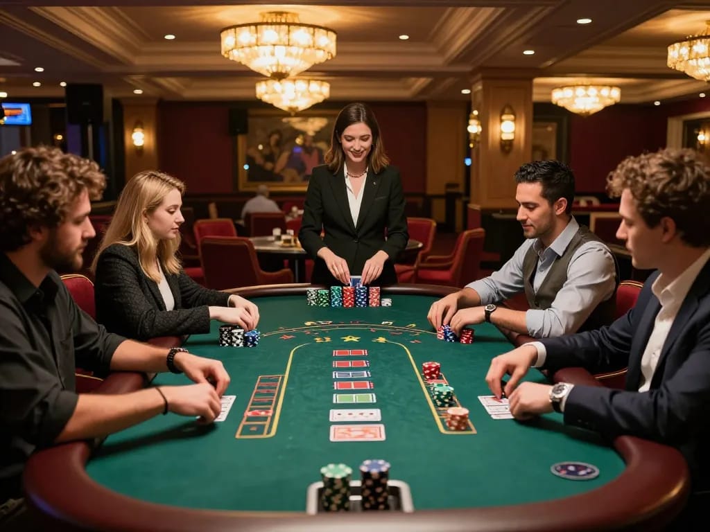 Engaged players enjoying casino non aams per italiani at blackjack table in luxurious setting