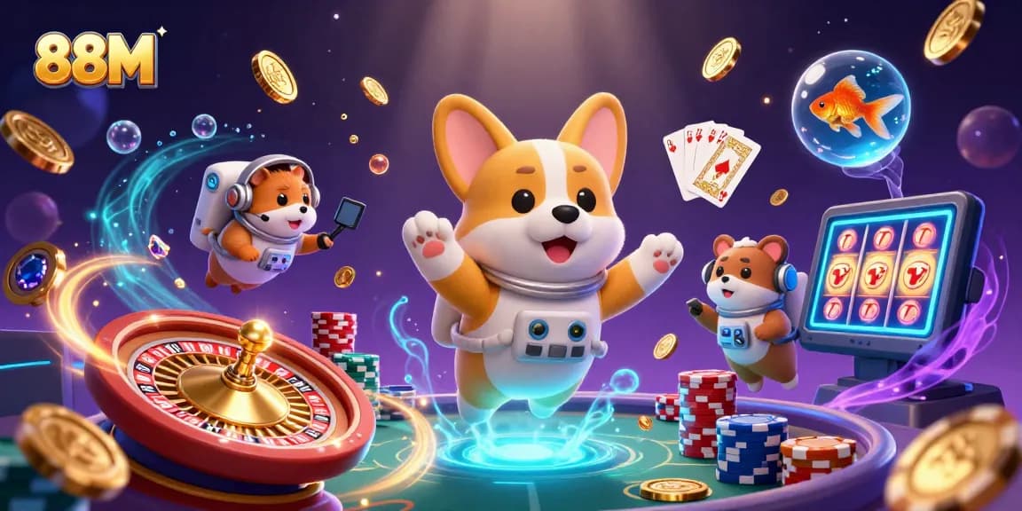 Experience thrilling gameplay in 88M's vibrant space casino with floating characters and casino elements.
