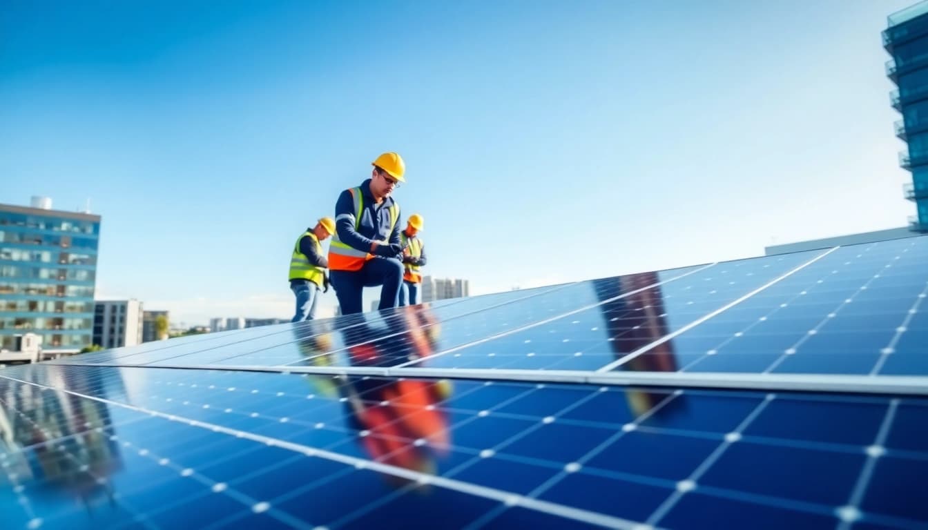 Commercial solar panels Nottingham installation team working on a rooftop in Nottingham's urban landscape.