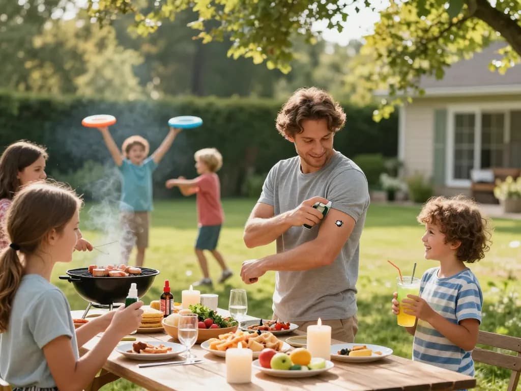 Family enjoying a barbecue outside with mosquito repellent protecting them from bugs.