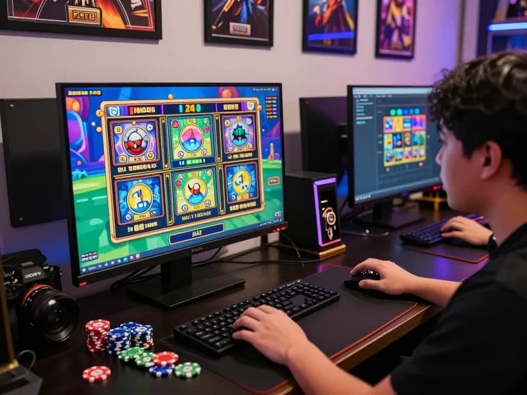 Pemain yang terlibat dalam pengalaman permainan situs slot gacor dengan token warna-warni dan pengaturan modern.