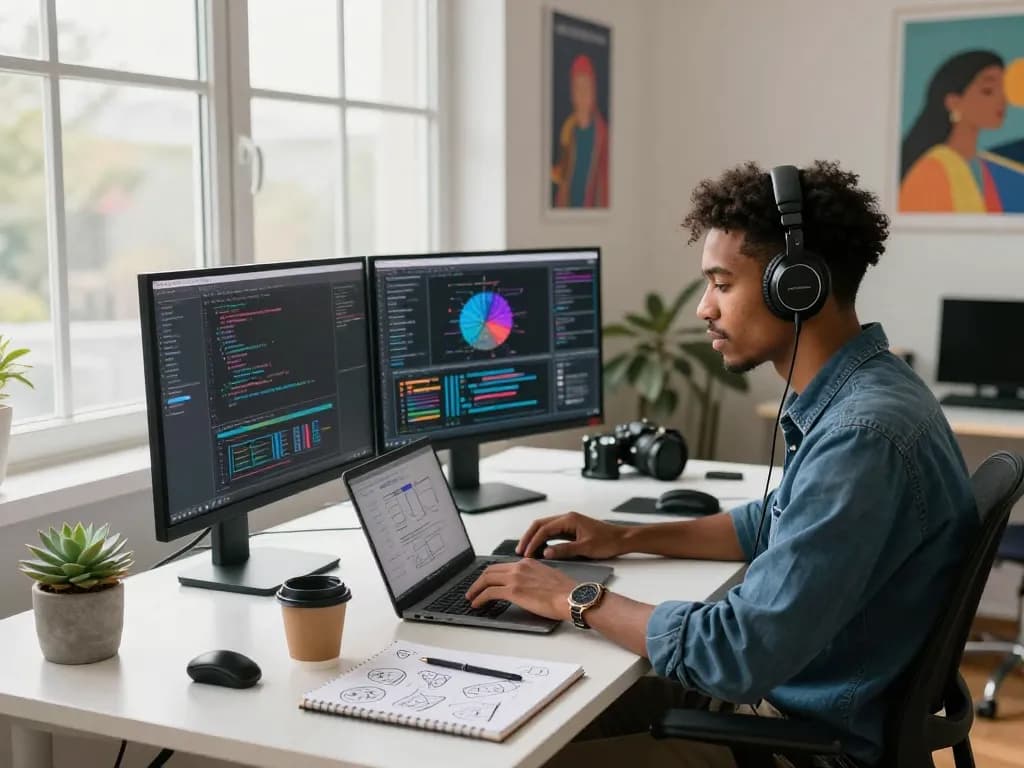 Innovative scene showing a diverse individual using an AI image to prompt generator in a modern workspace.