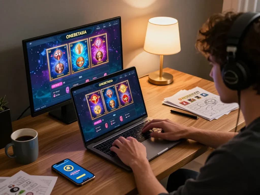 Engaged player accessing ONEBETASIA online gaming platform on a laptop, showcasing vibrant casino games with a cozy atmosphere.