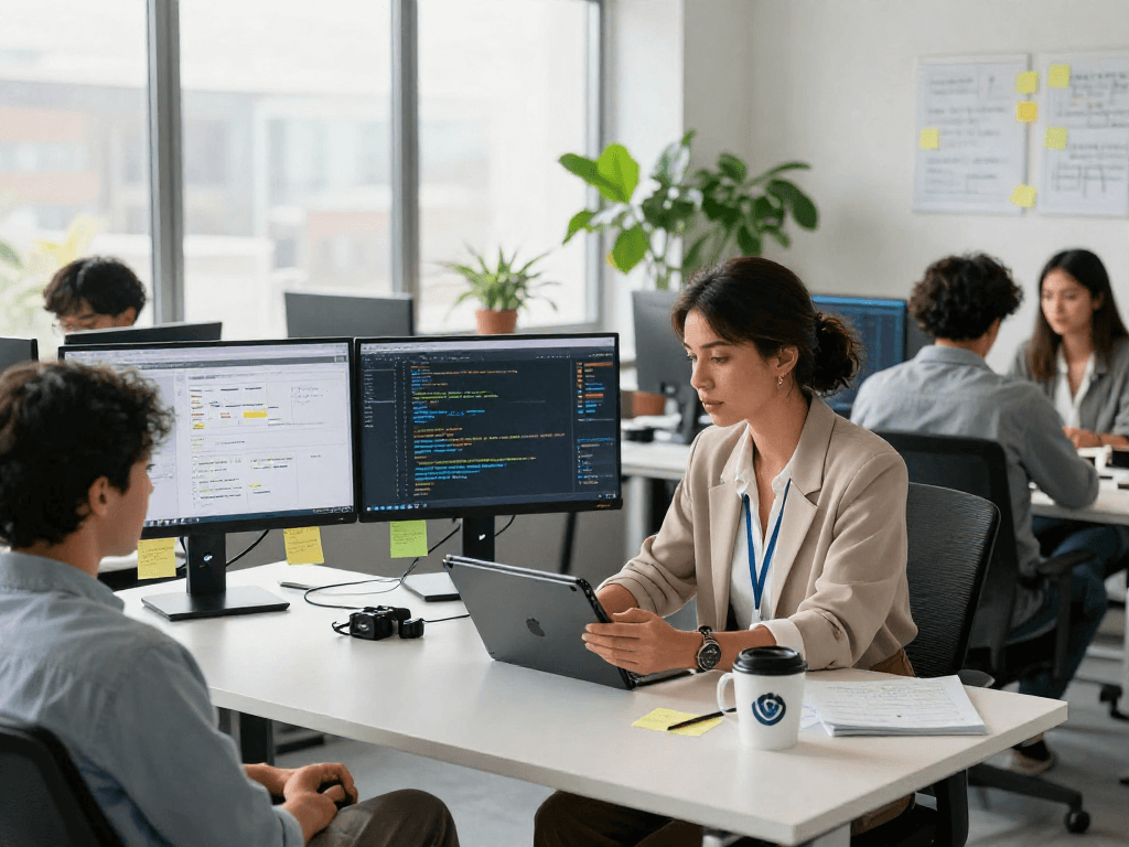 Collaboration scene of a tech entrepreneur and team discussing advancements in software development. Crushon project details displayed on monitors in a bright workspace.