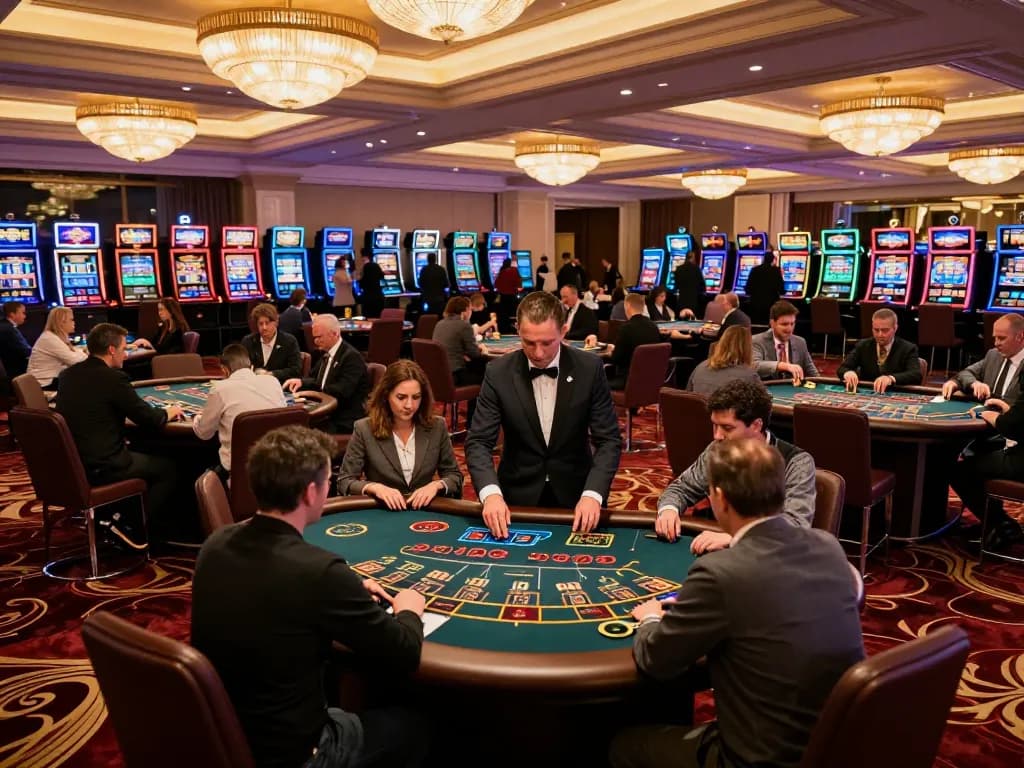 Engaged players at G28 blackjack table during lively casino night, immersing in strategic gameplay.