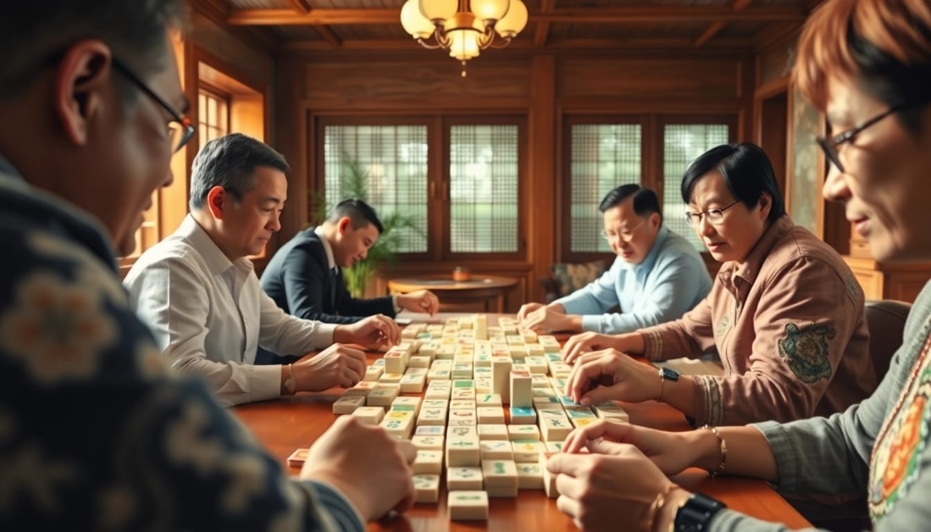 Menggambarkan permainan demo mahjong yang seru di ruang yang hangat dan nyaman.