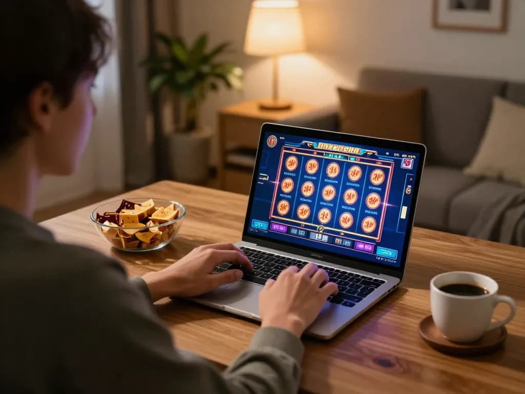 situs slot kamboja gameplay on a laptop in a cozy living room, person enjoying online slots