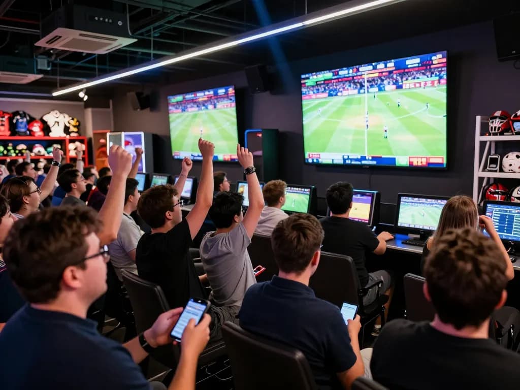 hb88 fans enthusiastically engaging in live sports betting at an electrifying arena atmosphere
