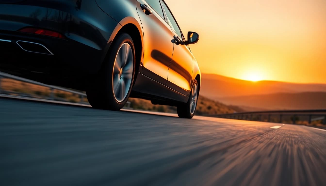 Long distance taxi transfers featuring a sleek vehicle on the highway during sunset.