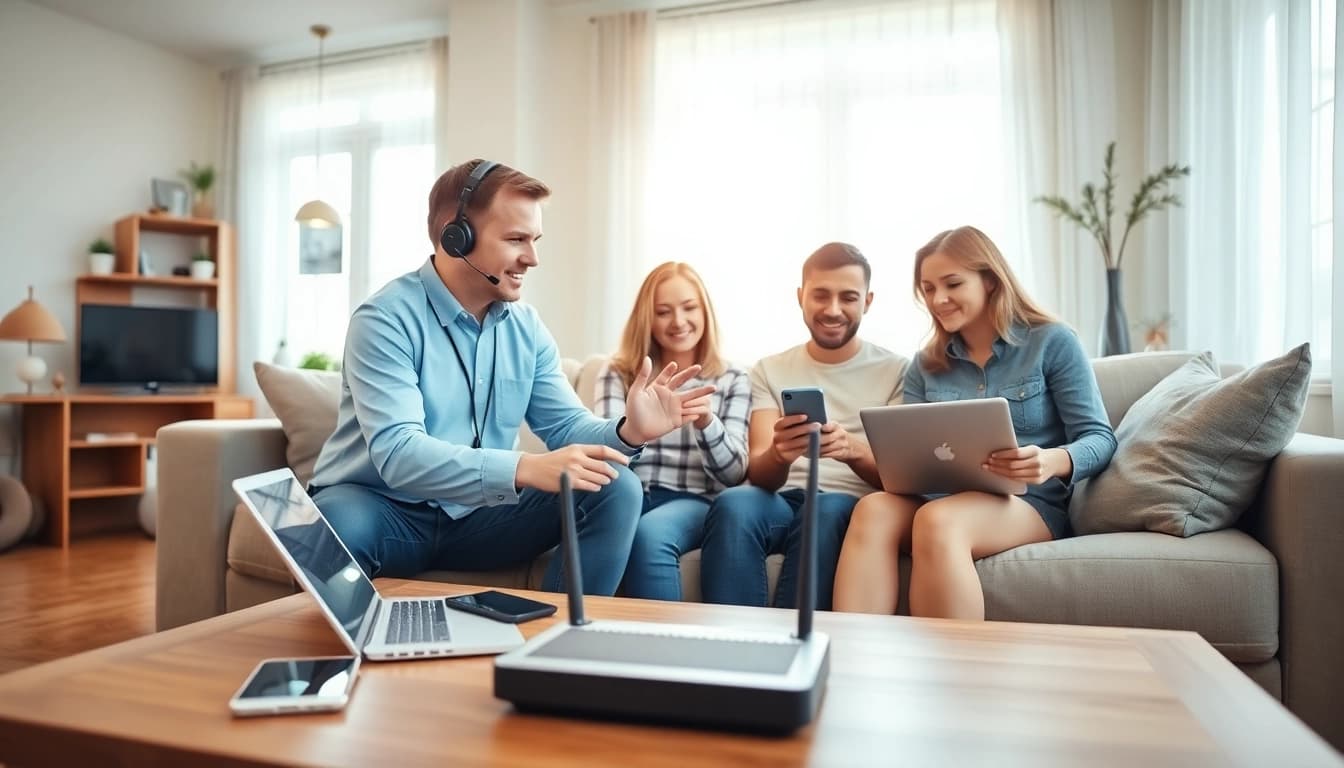 Residential IT support technician helping a family troubleshoot home technology.