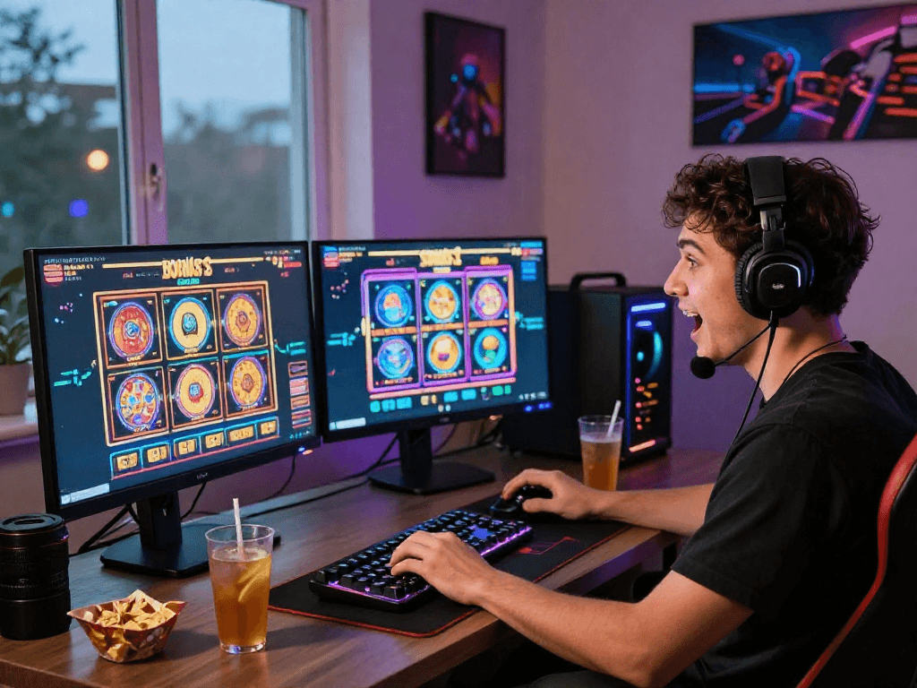 Exciting bonus buy casino gaming scene with a player engaged in a live-streamed session, showcasing colorful slot games and vibrant atmosphere.