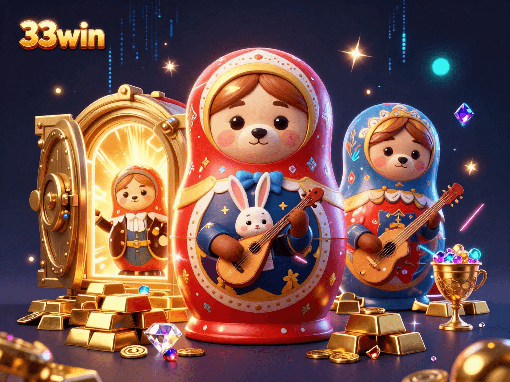 Win big at 33win with playful bears and treasures in this lively casino illustration.