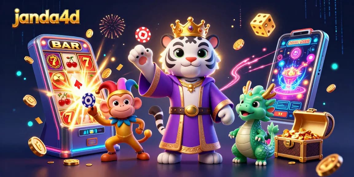 janda4d menyajikan ilustrasi perjudian yang semarak dengan singa putih, monyet emas, dan naga giok hidup.