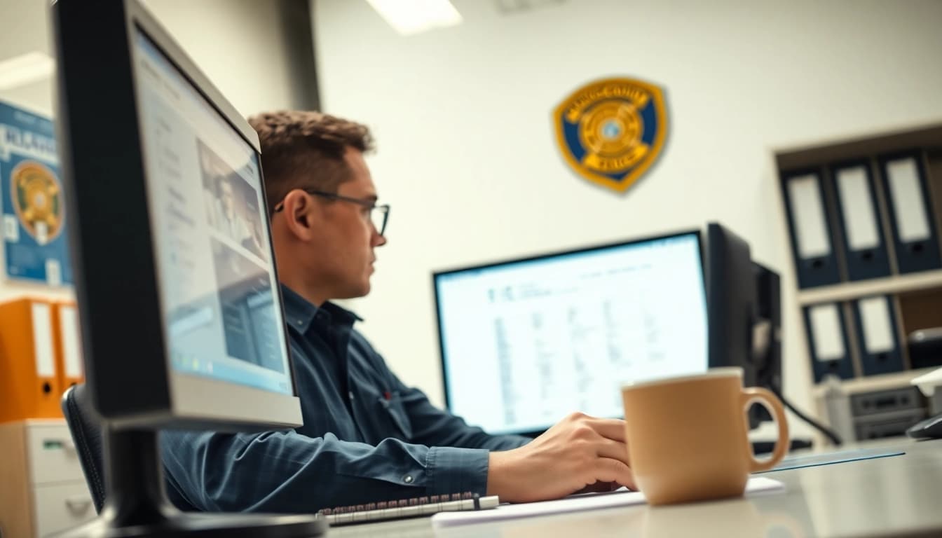 Conducting an Orange County Inmate search with a focused law enforcement officer in a modern office.