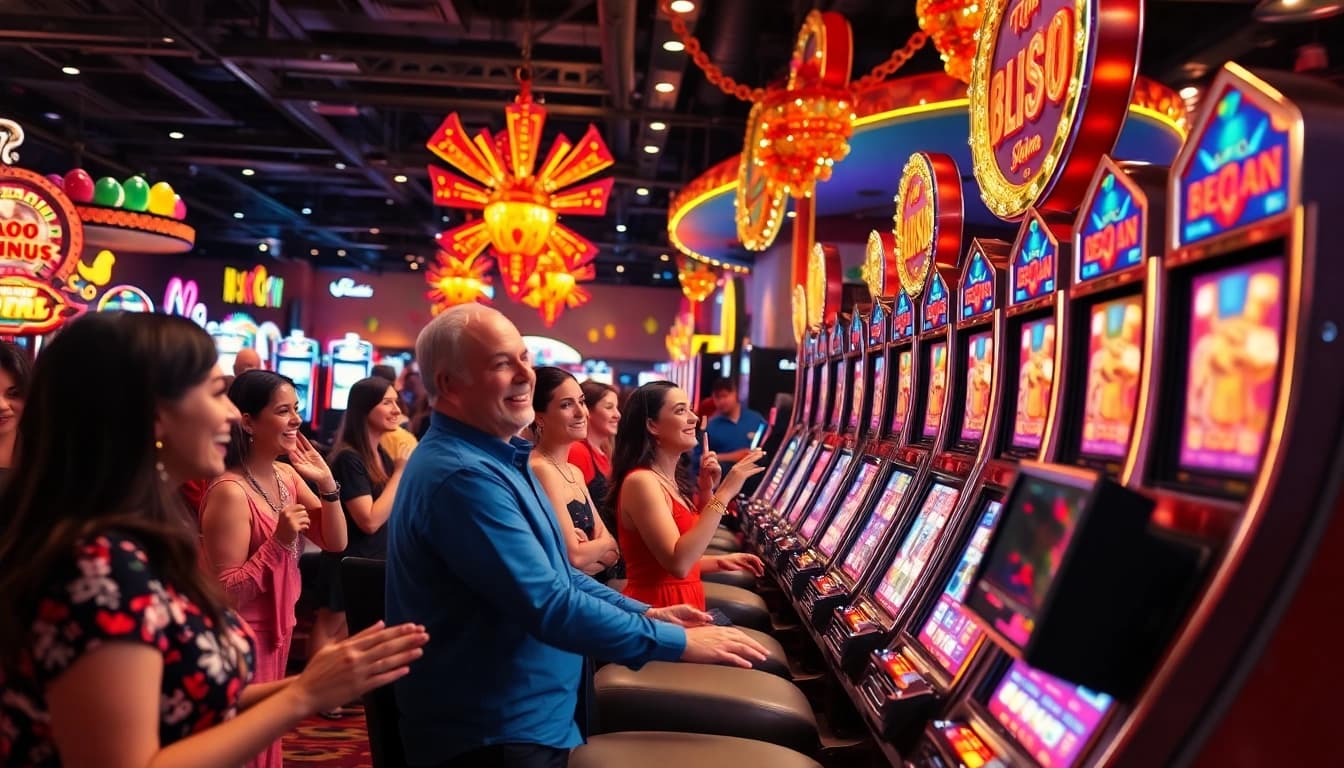 Menangkan slot deposit 1k dalam suasana kasino yang meriah dengan lampu berwarna-warni dan kegembiraan.