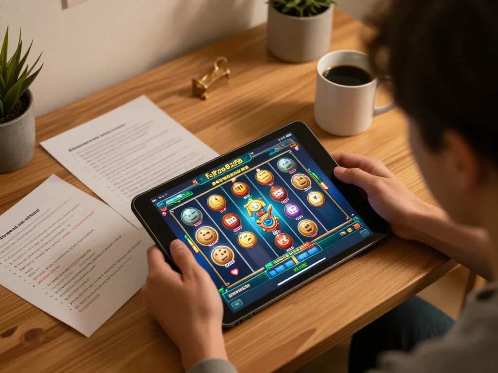 Player enjoying Fafa828's online slots in a cozy home setup, with strategy notes nearby.