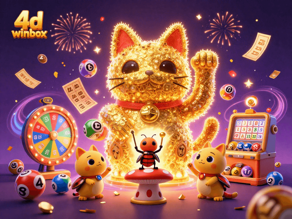 Engage with dynamic 4d winbox lottery visuals featuring a vibrant lucky cat and colorful lottery elements.