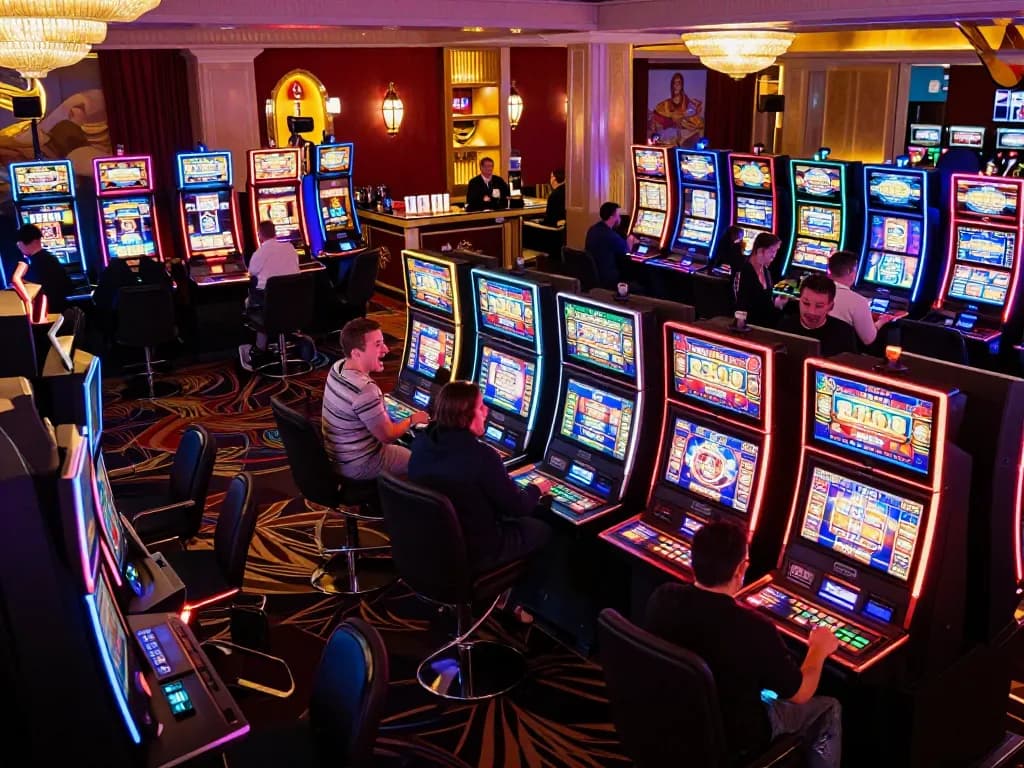 Players enjoying vibrant slot machines featuring top quality widgets in a lively Las Vegas casino