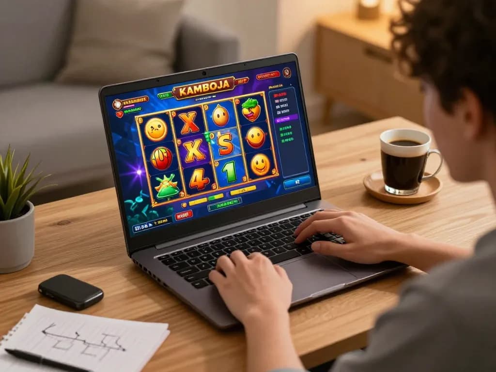 Engaging gameplay on slot kamboja with a user at home, showcasing vibrant online casino action.