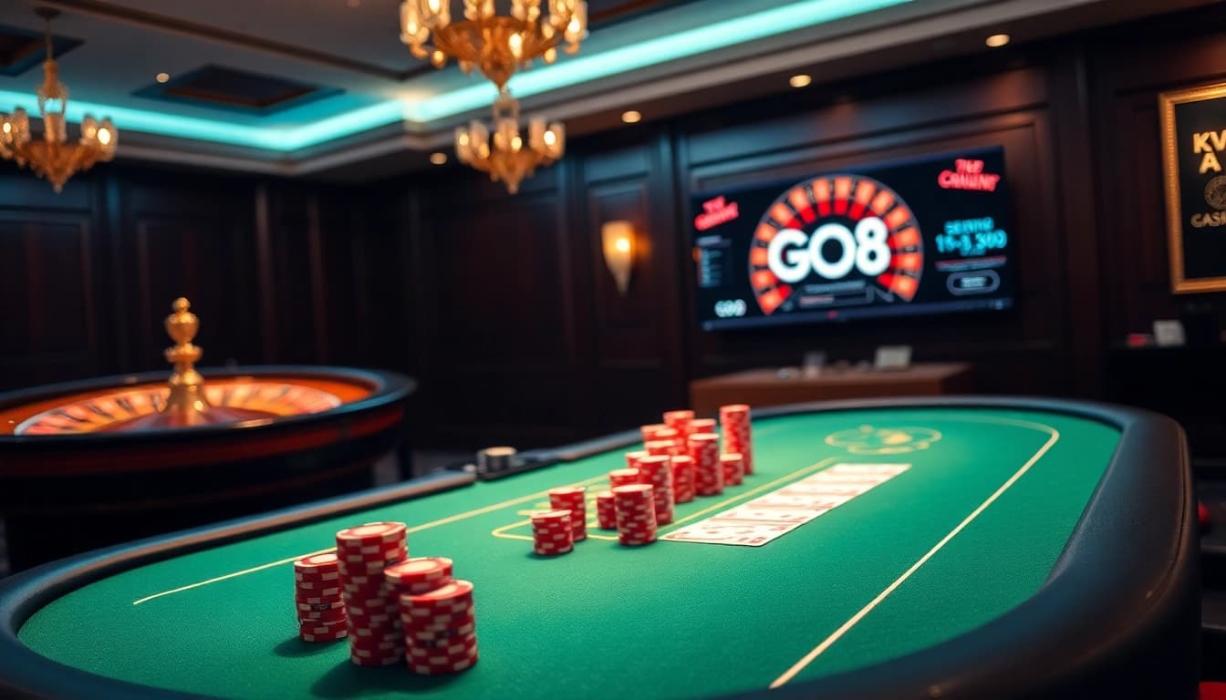 Engage in thrilling GO8 casino poker action with vibrant chips and sleek digital interface.