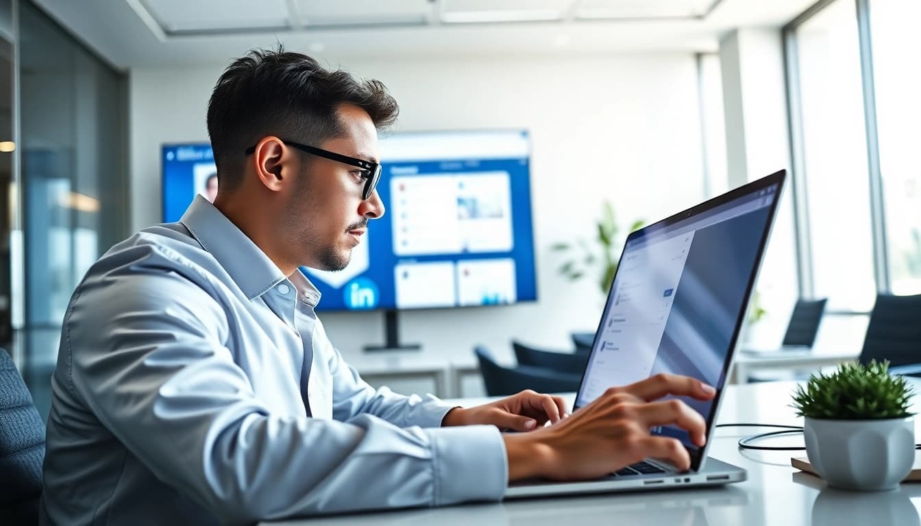Efficient professional using linkedin email finder in a modern office environment.