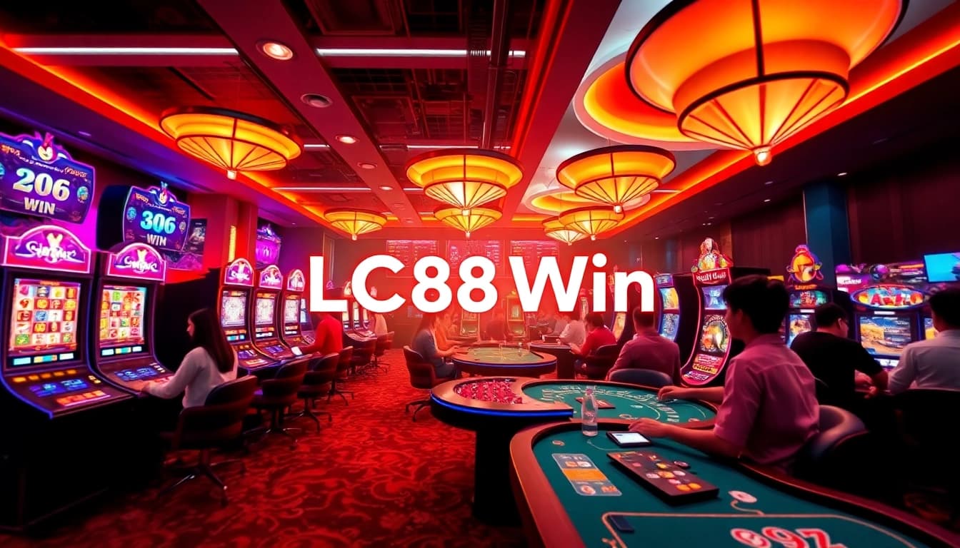 Engaging online gaming scene highlighting LC88 Win with players at digital tables and vibrant slot machines.