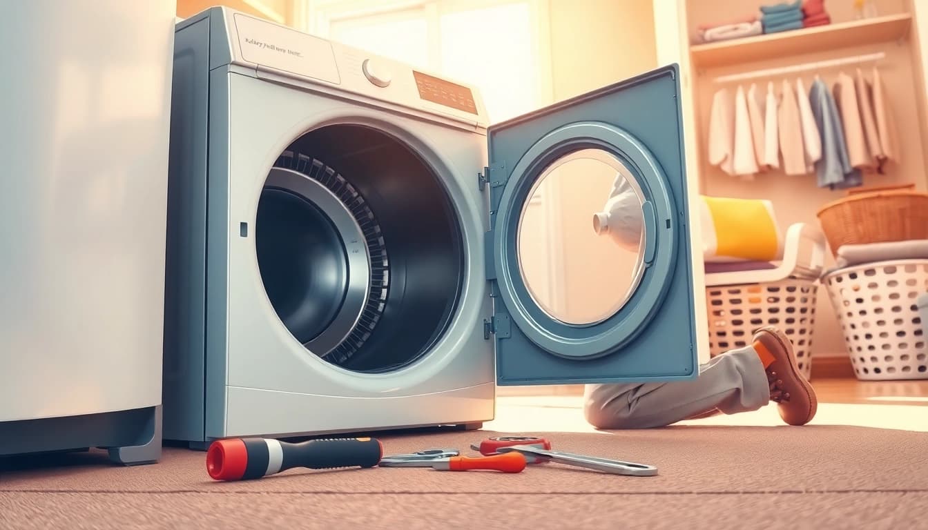 Expert tips to fix dryer troubles showcased in a detailed appliance repair scene.