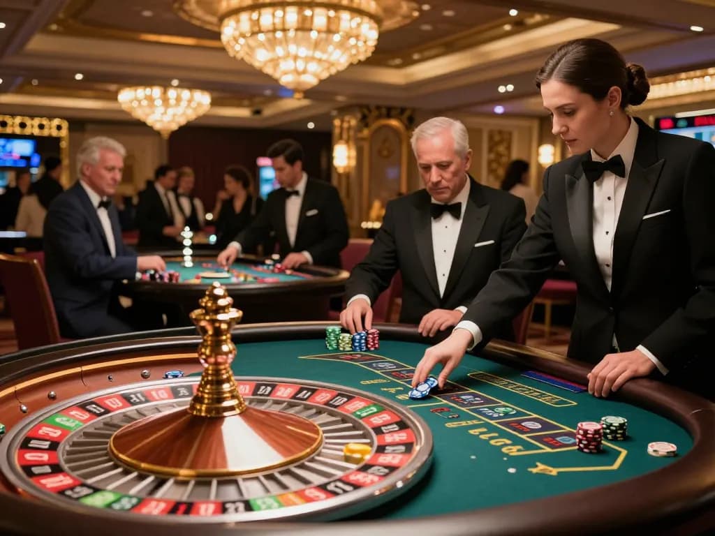 Engaged players placing bets at w 88 roulette table amidst vibrant casino atmosphere.