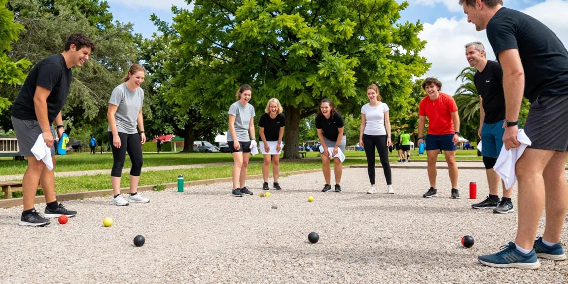 Aktivitas permainan petanque di fopikotakendari.org dengan teman-teman di taman, menampilkan bola petanque dan suasana ceria.