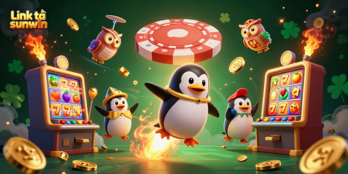 Experience Link tải sunwin with a futuristic 3D scene of a golden penguin and casino elements.