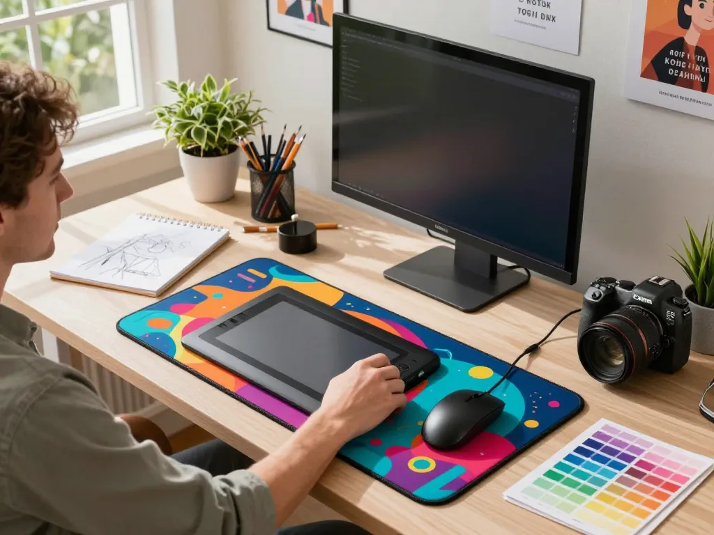 Creating a custom 3D mouse pad with wrist support in a vibrant home office
