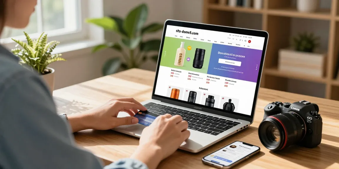 Engaged user browsing shs-dome5.com for online shopping deals in a cozy home setting.
