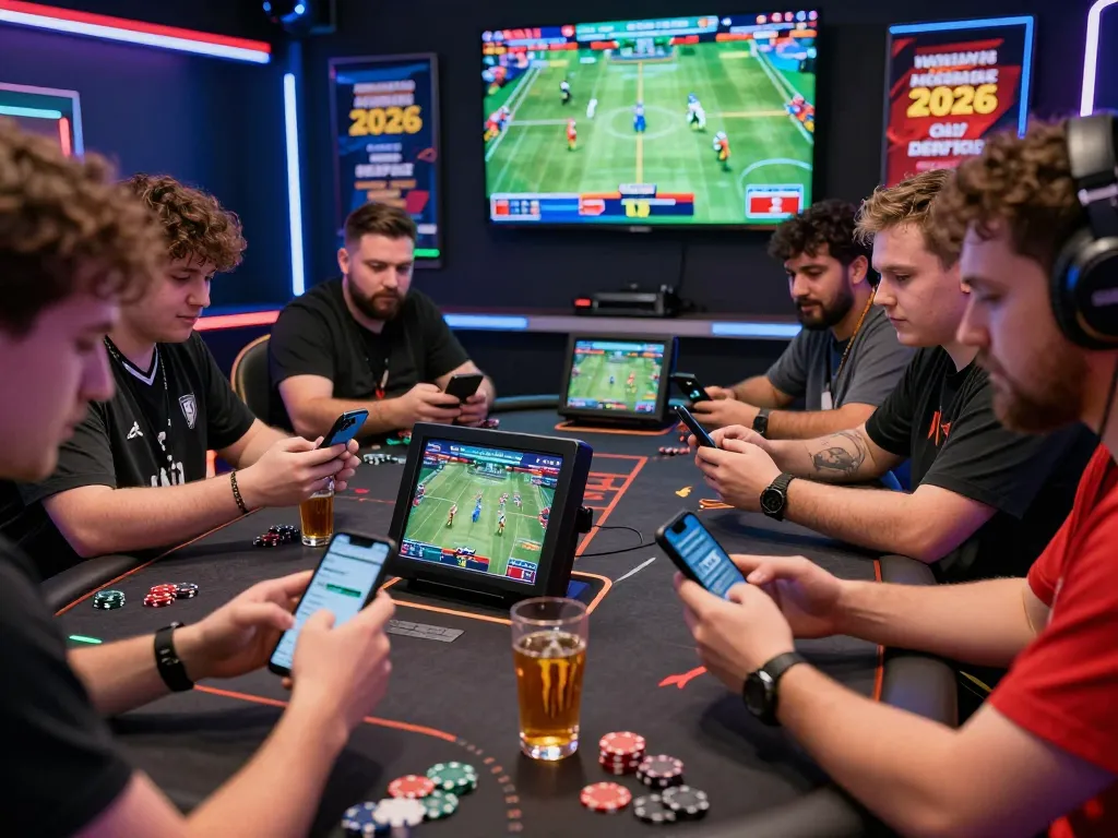 TIN TỨC hubet88 showcasing an exciting online betting experience with diverse players engaging at a modern gaming table surrounded by dynamic displays and promotional materials.