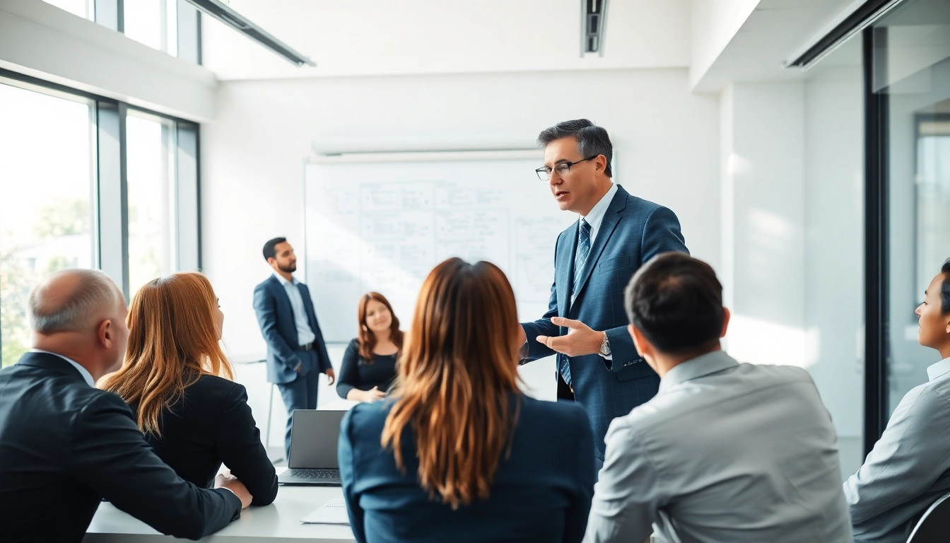 Leadership coach facilitates a dynamic session with business executives, fostering collaboration and insight.