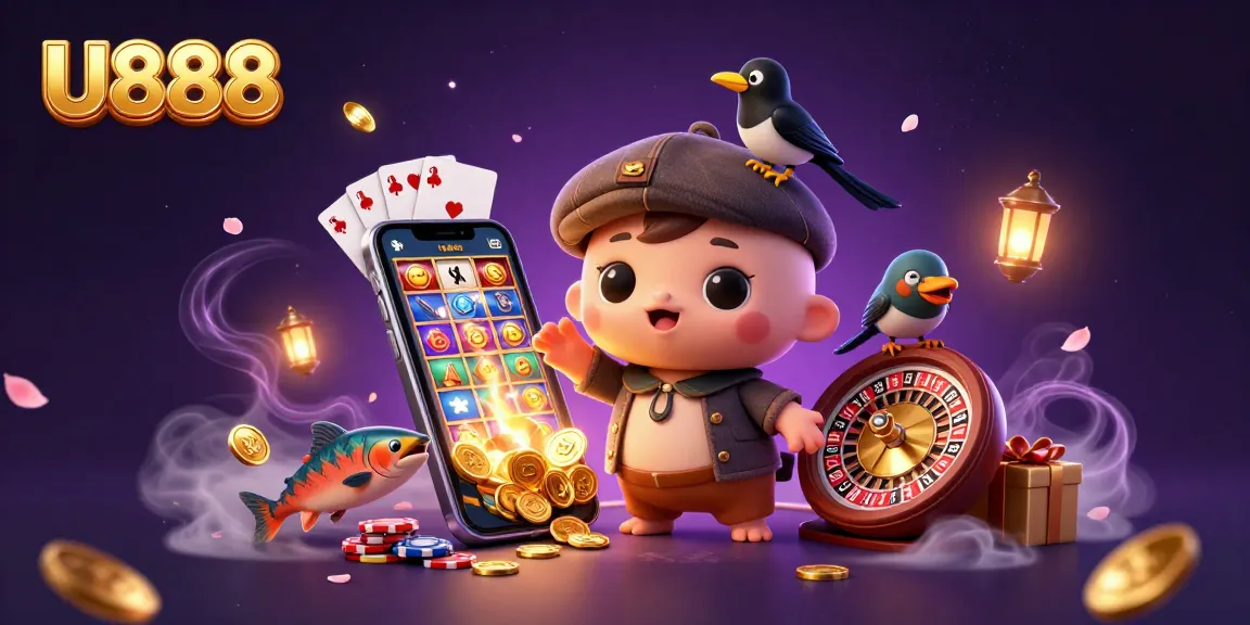 Engage in thrilling gambling with U888's exciting slot games showcased in vibrant illustration.