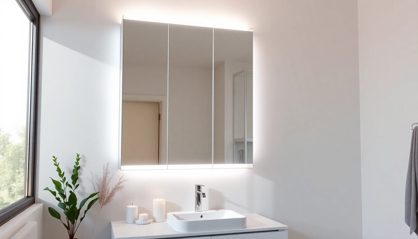 Spiegelschrank led mit eleganter Beleuchtung im modernen Badezimmer präsentieren