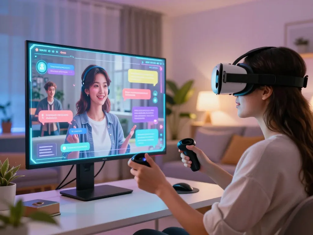 AI girlfriend virtual experience with user in a vibrant futuristic setting