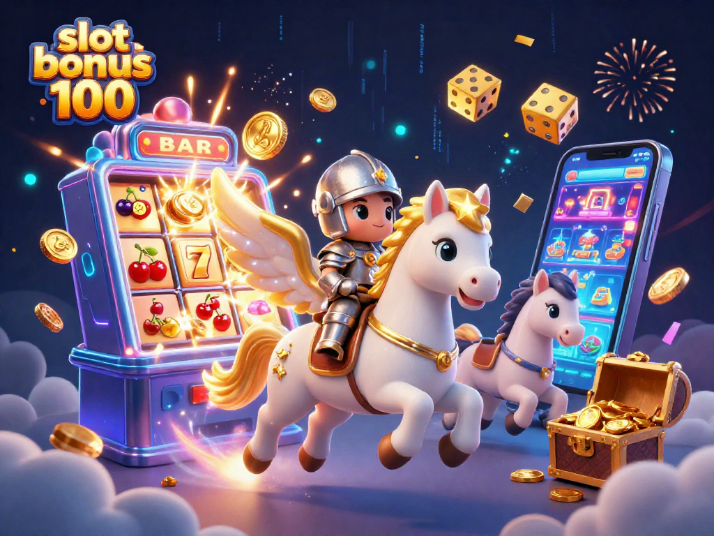 Experience the excitement of slot bonus 100 with a dynamic scene featuring a magical knight and celestial horse.