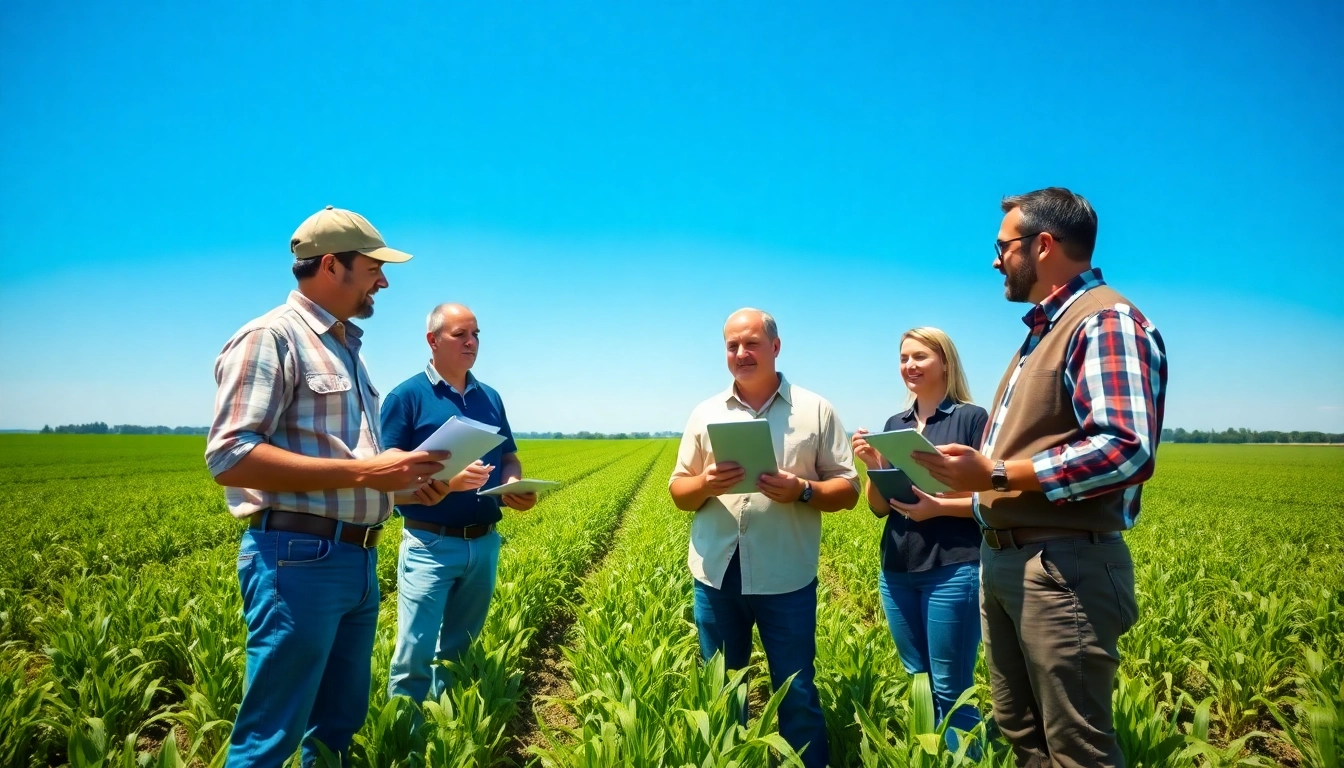 Farmers discussing agriculture law amidst vibrant crops in a sunny field.