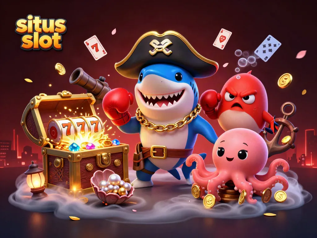 Experience fun at situs slot with a cartoon pirate shark, pufferfish, and octopus amidst vibrant slots.