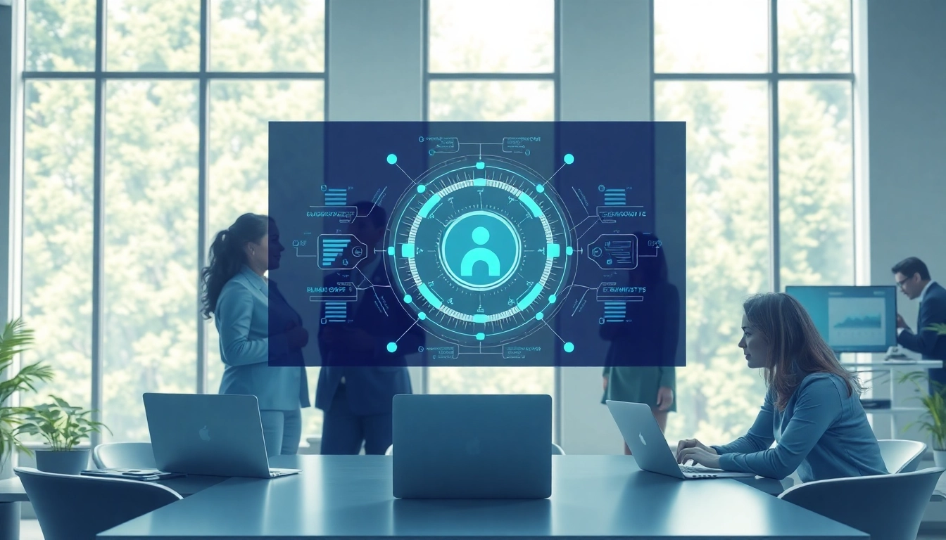 Visualize an enterprise assistant platform facilitating collaboration in a professional office space.