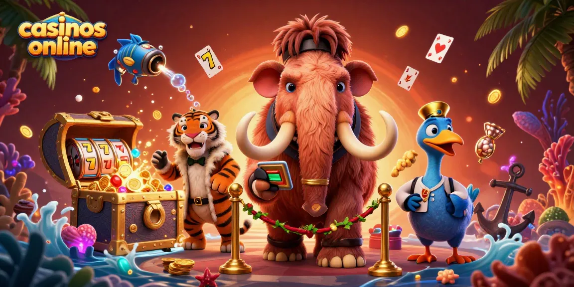 Visualiza casinos online con un portero mamut y un invitado tigre en un entorno lujoso de juego.