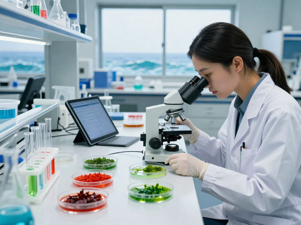 Examining microalgae astaxanthin in a marine lab, showcasing vibrant research samples and innovative techniques.