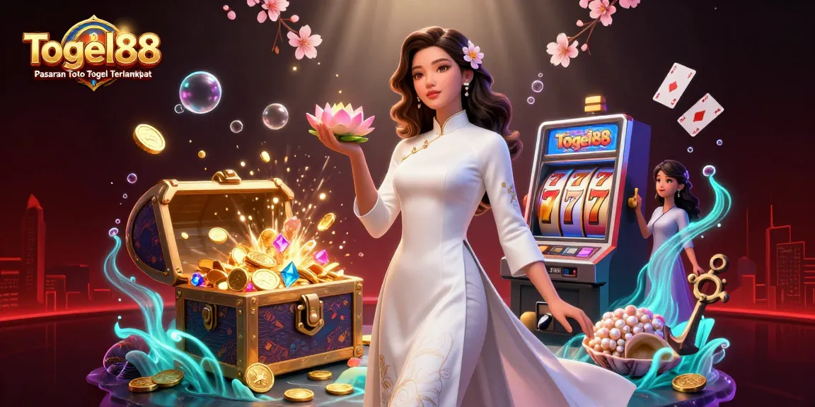 Togel88 Pasaran Toto Togel Terlengkap showcases an elegant Asian woman celebrating winning moments in a vibrant casino scene.