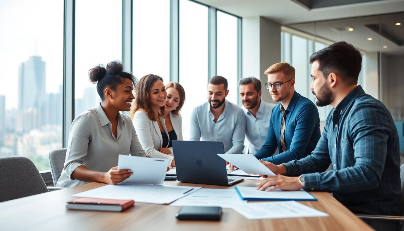 Find sales jobs near me with a professional team collaborating in a modern office.