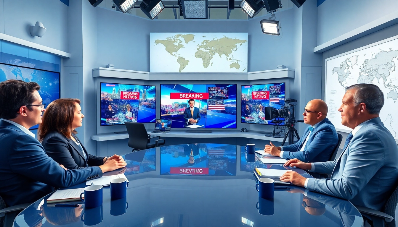 Journalists discussing breaking news in a vibrant newsroom setting.